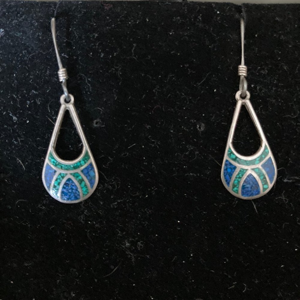 Vintage Natural Sterling Silver w/ Blue Lapis and Green Malachite Drop Earrings